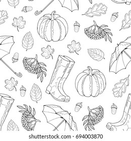 Seamless pattern from leaves, rubber boots, umbrella, mountain ash, pumpkin, acorn on a white background. Hand drawing autumn design object. Vector illustration.