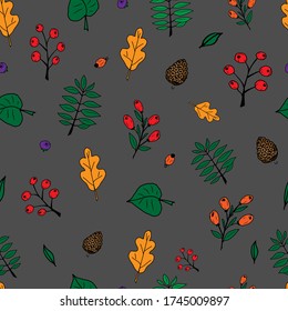 Seamless pattern with leaves, seeds and berries. Hand drawn black line sketch of common deciduous European trees isolated on gray background. Vector illustration.