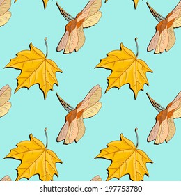 seamless pattern with leaves and seeds of maple, vector illustration