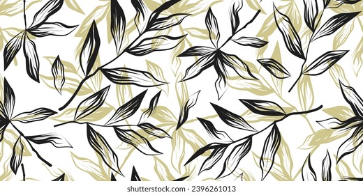 Seamless pattern with leaves of  shades of tropical plants. Vector illustration isolated on white background