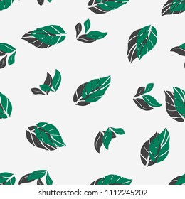 Seamless pattern with leaves and shadow. Botanical motifs scattered random. Colorful vector texture. Good for fashion prints. Hand drawn green leaves on black background with white polka dots