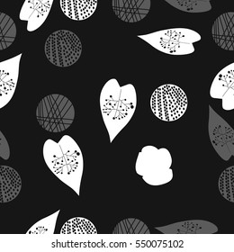 Seamless pattern with leaves and shapes. Hand drawn.