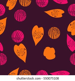 Seamless pattern with leaves and shapes. Hand drawn.