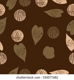 Seamless pattern with leaves and shapes. Hand drawn.