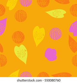 Seamless pattern with leaves and shapes. Hand drawn.