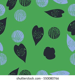 Seamless pattern with leaves and shapes. Hand drawn.