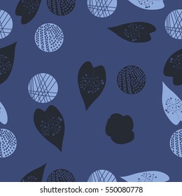 Seamless pattern with leaves and shapes. Hand drawn.