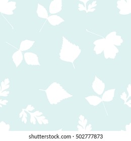 Seamless pattern with leaves silhouette. Herbarium background. Pattern include leaves of birch, rose, different herbs and flowers. 