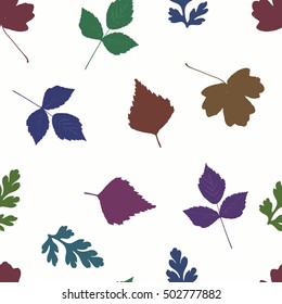 Seamless pattern with leaves silhouette. Herbarium background in trend colors. Pattern include leaves of birch, rose, different herbs and flowers. 