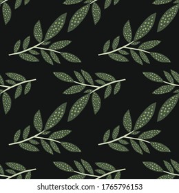 Patrón sin foco con silueta de hojas sobre fondo negro. Papel de fondo vectorial de ramas de árbol. Fondo natural. Tiras decorativas. Diseño para tela, impresión textil, papel de envoltura, cubierta.