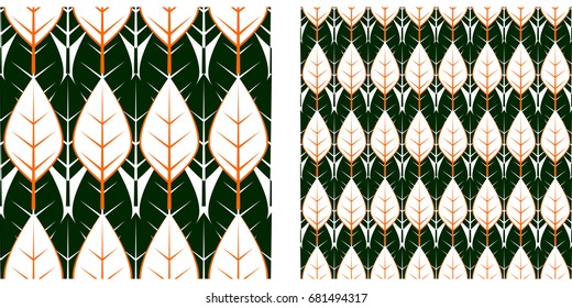 Seamless pattern of leaves. Single pattern is shown in the left. The example of assembly seamless is shown in the right.  