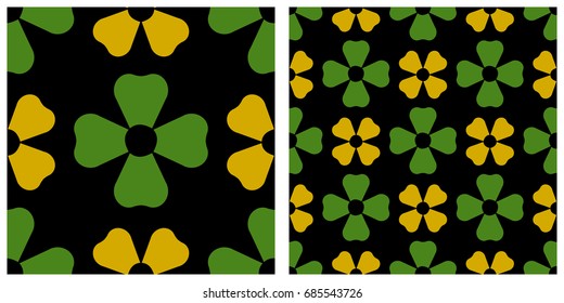Seamless pattern of leaves. Single pattern is shown in the left. The example of assembly seamless is shown in the right.  