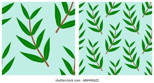 Seamless pattern of leaves. Single pattern is shown in the left. The example of assembly seamless is shown in the right.  