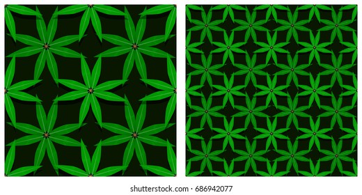 Seamless pattern of leaves. Single pattern is shown in the left. The example of assembly seamless is shown in the right.  