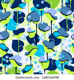Seamless pattern  with leaves and small flowers in blue, green and gray colors