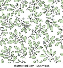 Seamless pattern with leaves and small light blue flowers. Cute hand drawn background. Vector illustration.