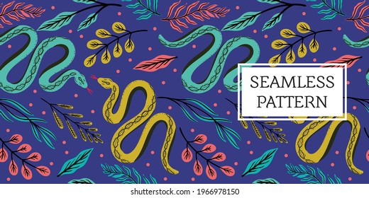 seamless pattern leaves and snake trendy style