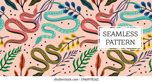 seamless pattern leaves and snake trendy style