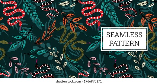 seamless pattern leaves and snake trendy style