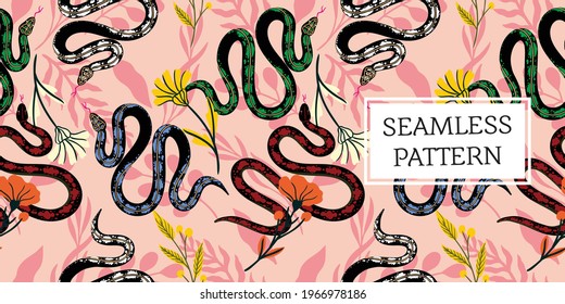 seamless pattern leaves and snake trendy style