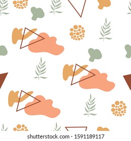 Seamless pattern with leaves and spots and triangles.