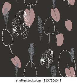 Seamless pattern with leaves, stamps, prints. Floral background with leaf texture.