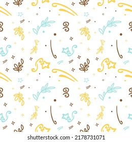 Seamless pattern of leaves, stars, bubbles. Seamless childrens background on a white background. vector illustration
