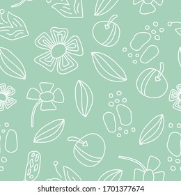 Seamless pattern with leaves, stones, flowers, batterfly, grass. Green background. Cute and funny. For children textile, scrapbooking, wallpaper and wrapping paper. Spring and summer ornament.