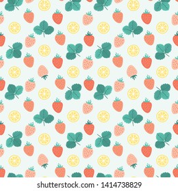 Seamless pattern with leaves, strawberries and lemon slices