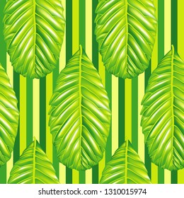 Seamless pattern with leaves. Striped textile print in green colours