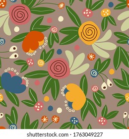 Nahtloses Muster mit Blättern und stilisierten Blumen. Sommerbotanisches Muster, Kakao-Farbhintergrund. Einziger Vektor. Web, Verpackung, Papier, Textil, Tapete, Flyer, Glückwunsch, Einladung