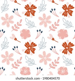 Patrón sin foco con hojas y flores de verano. Ilustración escandinava vector dibujada a mano. Diseño de tejidos para bebés, resorte de papel pintado, tela, tela y decoración.