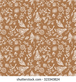 Seamless pattern with leaves, trees, flowers