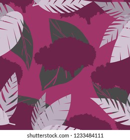 Seamless pattern of leaves and trees on pink background. Vector illustration.