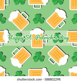 Seamless pattern with leaves of the trefoil and mugs of beer on a green background. Happy St. Patrick's day.