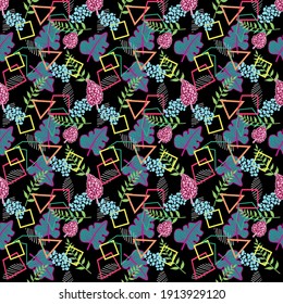 Seamless pattern of leaves with triangle squares, leaves on black background, vintage theme.