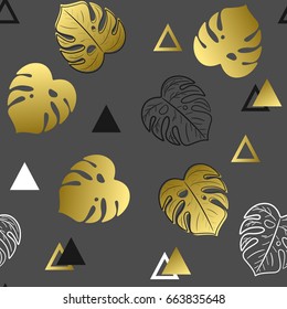 Seamless pattern with leaves and triangles. Beautiful pattern with gold and black objects.