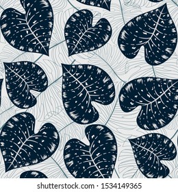 Seamless pattern with leaves. Tropical background. Trendy hand drawn textures. Illustration in Hawaiian style. Jungle leaves. Vector background for various surface.  