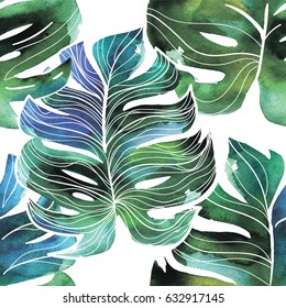 Seamless pattern with leaves of a tropical plant. Texture of watercolor paint. Stylish, bright background.