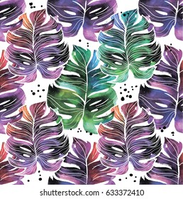 Seamless pattern with leaves of a tropical plant. Texture of watercolor paint. Stylish, bright background.