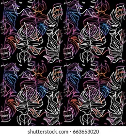 Seamless pattern with leaves of a tropical plant. Texture of watercolor paint. Stylish, bright background.