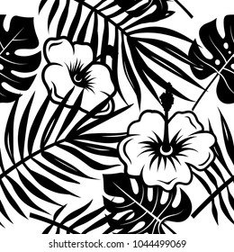 Patrón inoxidable con hojas de plantas tropicales y flores exóticas. Fondo decorativo floral, papel de pared floral, vectores