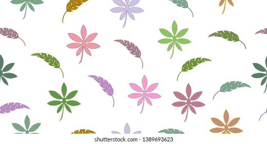 Seamless pattern from leaves of tropical plants. Vector hand drawing illustration. Isolated elements on a white background.