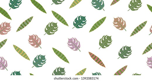 Seamless pattern from leaves of tropical plants. Vector hand drawing illustration. Isolated elements on a white background.