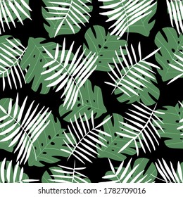 Seamless pattern. Leaves of tropical plants, monstera and palm. Template, blank for textiles. fabric, Wallpaper, cover art, design, cards, invitations, greetings, promotions, etc.