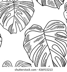 
Seamless pattern with leaves of tropical plants . Vector freehand drawing . Background with palm leaves 