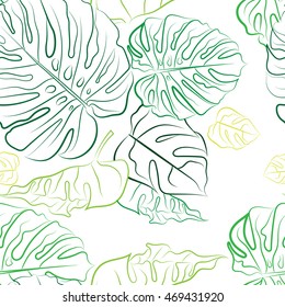 Seamless pattern of leaves of tropical plants. Leaves eye-pleasing shades of green. The pattern is made in the circuit follows the curve of the leaves. Botanical print.