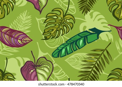 Seamless pattern with leaves of tropical plants. Exotic background. Texture for wallpaper, postcards, fabric, paper, printing. Vector illustration.