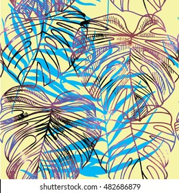 Seamless pattern with leaves of tropical plants . Vector freehand drawing . Background with palm leaf 