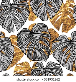 Seamless pattern with leaves of tropical plants. Juicy, fresh background. Summer pattern.